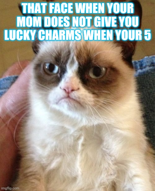 Grumpy Cat | THAT FACE WHEN YOUR MOM DOES NOT GIVE YOU LUCKY CHARMS WHEN YOUR 5 | image tagged in memes,grumpy cat | made w/ Imgflip meme maker