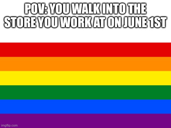 Wow the Store is rainbow | POV: YOU WALK INTO THE STORE YOU WORK AT ON JUNE 1ST | image tagged in funny memes,gay pride | made w/ Imgflip meme maker