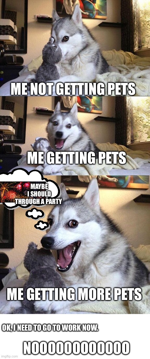 I think my friend made dis not sure where it came from | ME NOT GETTING PETS; ME GETTING PETS; MAYBE I SHOULD THROUGH A PARTY; ME GETTING MORE PETS; OK, I NEED TO GO TO WORK NOW. NOOOOOOOOOOOO | image tagged in memes,bad pun dog,blank white template | made w/ Imgflip meme maker