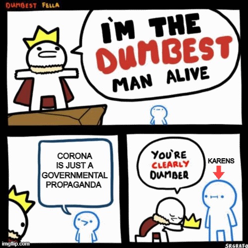 I know I will not get views and upvotes.... just enjoy memes |  CORONA IS JUST A GOVERNMENTAL PROPAGANDA; KARENS | image tagged in i'm the dumbest man alive,karen,covid-19,meme | made w/ Imgflip meme maker