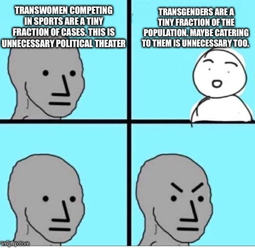 NPC 4 Panel | TRANSGENDERS ARE A TINY FRACTION OF THE POPULATION. MAYBE CATERING TO THEM IS UNNECESSARY TOO. TRANSWOMEN COMPETING IN SPORTS ARE A TINY FRACTION OF CASES. THIS IS UNNECESSARY POLITICAL THEATER | image tagged in npc 4 panel | made w/ Imgflip meme maker