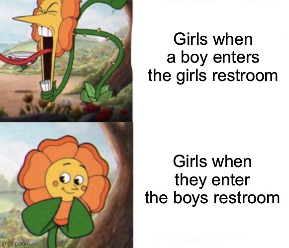 Girl logic | Girls when a boy enters the girls restroom; Girls when they enter the boys restroom | image tagged in cagney carnation,girl,memes | made w/ Imgflip meme maker