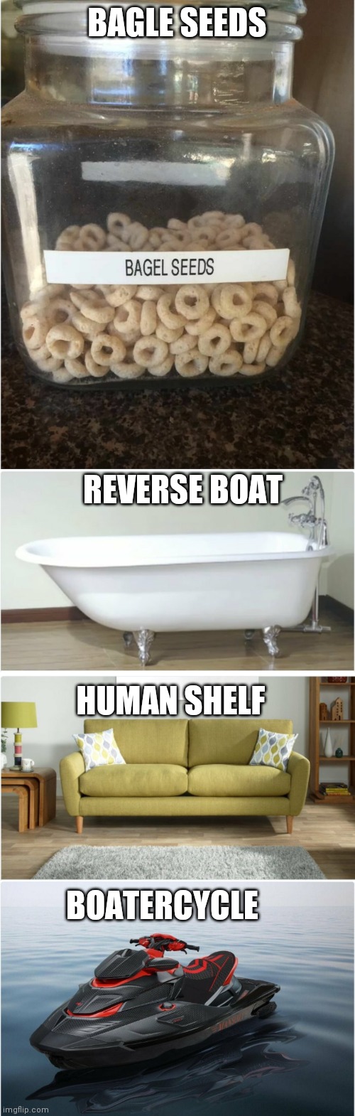 How things should be named part 5 |  BAGLE SEEDS; REVERSE BOAT; HUMAN SHELF; BOATERCYCLE | image tagged in lmaoo | made w/ Imgflip meme maker