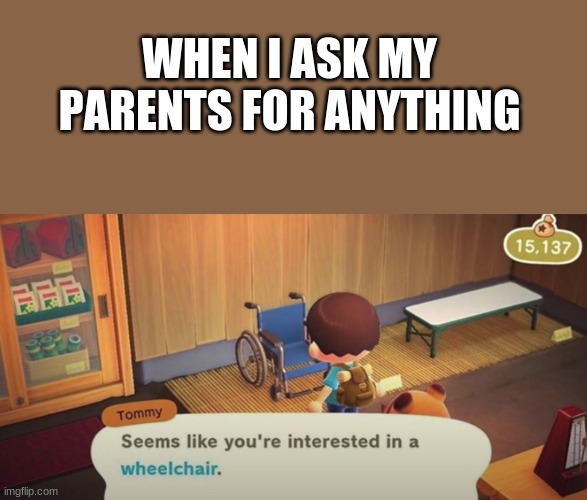Seems like you're interested in a wheelchair | WHEN I ASK MY PARENTS FOR ANYTHING | image tagged in seems like you're interested in a wheelchair | made w/ Imgflip meme maker
