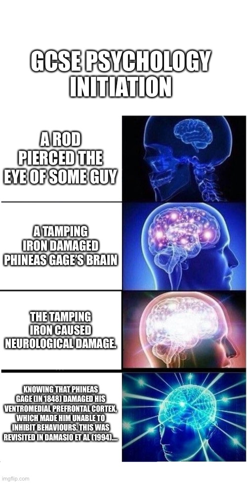 GCSE PSYCHOLOGY INITIATION; A ROD PIERCED THE EYE OF SOME GUY; A TAMPING IRON DAMAGED PHINEAS GAGE’S BRAIN; THE TAMPING IRON CAUSED NEUROLOGICAL DAMAGE. KNOWING THAT PHINEAS GAGE (IN 1848) DAMAGED HIS VENTROMEDIAL PREFRONTAL CORTEX, WHICH MADE HIM UNABLE TO INHIBIT BEHAVIOURS. THIS WAS REVISITED IN DAMASIO ET AL (1994)…. | image tagged in blank white template,memes,expanding brain | made w/ Imgflip meme maker