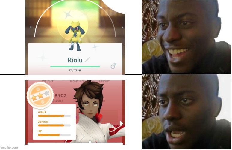 Shiny Riolu | image tagged in disappointed black guy | made w/ Imgflip meme maker