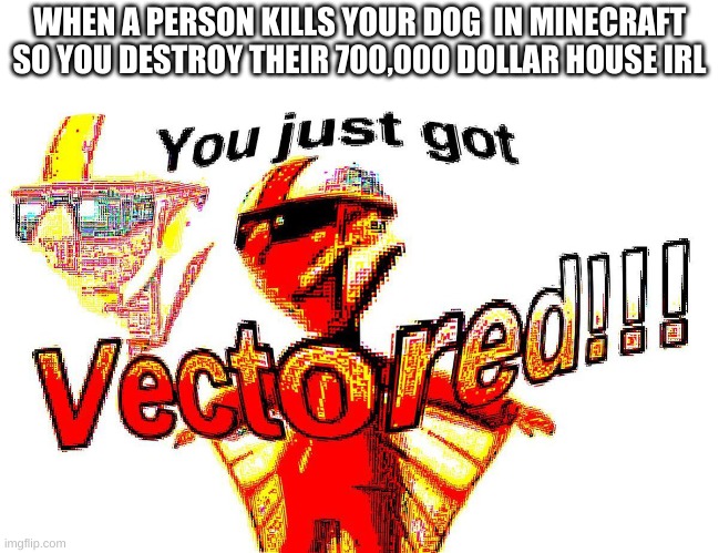 Deep fried vector | WHEN A PERSON KILLS YOUR DOG  IN MINECRAFT SO YOU DESTROY THEIR 700,000 DOLLAR HOUSE IRL | image tagged in deep fried vector | made w/ Imgflip meme maker