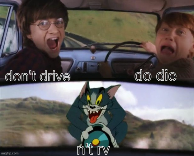 don't drive do die n't rv | image tagged in tom chasing harry and ron weasly | made w/ Imgflip meme maker