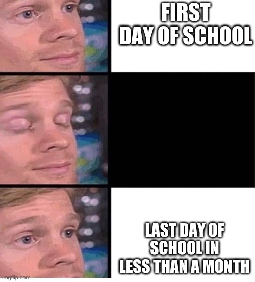 Last day of school might be soon | FIRST DAY OF SCHOOL; LAST DAY OF SCHOOL IN LESS THAN A MONTH | image tagged in blinking guy vertical blank | made w/ Imgflip meme maker