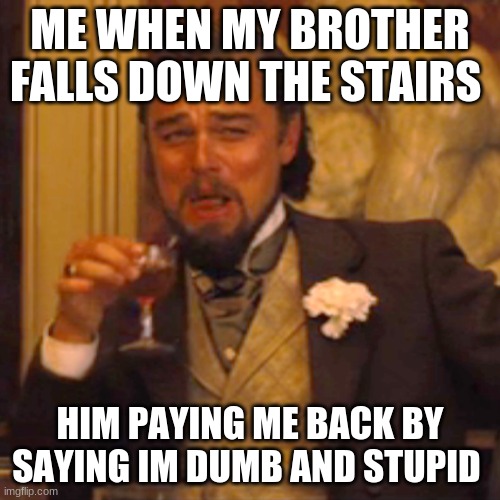 Laughing Leo Meme | ME WHEN MY BROTHER FALLS DOWN THE STAIRS; HIM PAYING ME BACK BY SAYING IM DUMB AND STUPID | image tagged in memes,laughing leo | made w/ Imgflip meme maker