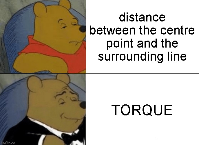 Tuxedo Winnie The Pooh Meme | distance between the centre point and the surrounding line; TORQUE | image tagged in memes,tuxedo winnie the pooh,torque,physics | made w/ Imgflip meme maker