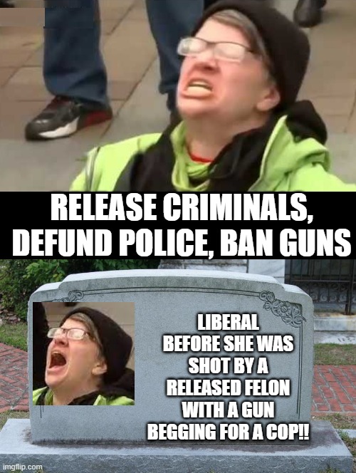 Liberalism is a MENTAL DISORDER!! SCIENCE!! | LIBERAL BEFORE SHE WAS SHOT BY A RELEASED FELON WITH A GUN BEGGING FOR A COP!! RELEASE CRIMINALS, DEFUND POLICE, BAN GUNS | image tagged in stupid liberals,morons,idiots,mental illness,mental health | made w/ Imgflip meme maker