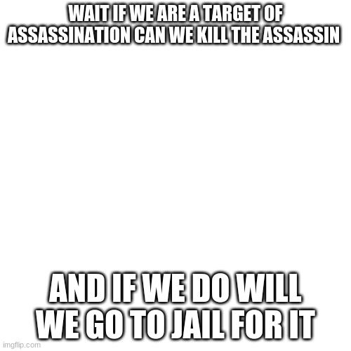 we should be able to defend are self | WAIT IF WE ARE A TARGET OF ASSASSINATION CAN WE KILL THE ASSASSIN; AND IF WE DO WILL WE GO TO JAIL FOR IT | image tagged in memes,blank transparent square | made w/ Imgflip meme maker