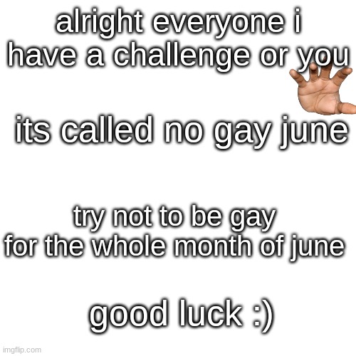 No Gay June (OFFICIAL CHALLENGE) | alright everyone i have a challenge or you; its called no gay june; try not to be gay for the whole month of june; good luck :) | image tagged in memes,challenge | made w/ Imgflip meme maker