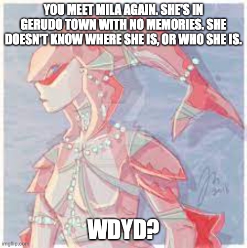 (If you had any role-plays with her before this, she won't remember you) | YOU MEET MILA AGAIN. SHE'S IN GERUDO TOWN WITH NO MEMORIES. SHE DOESN'T KNOW WHERE SHE IS, OR WHO SHE IS. WDYD? | made w/ Imgflip meme maker