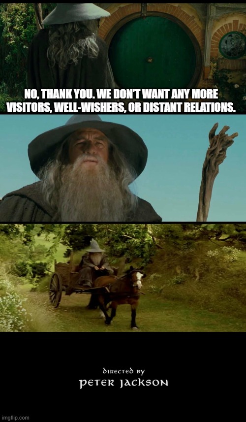 If Gandalf Listened to Bilbo... | NO, THANK YOU. WE DON’T WANT ANY MORE VISITORS, WELL-WISHERS, OR DISTANT RELATIONS. | image tagged in gandalf,lotr,lord of the rings,the lord of the rings,bilbo baggins,bilbo | made w/ Imgflip meme maker