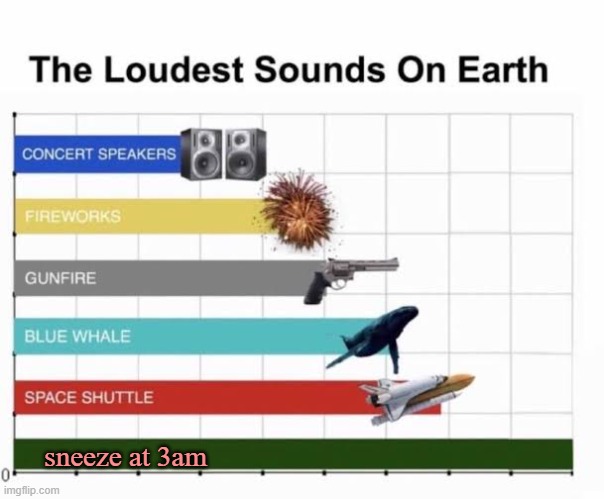 The Loudest Sounds on Earth | sneeze at 3am | image tagged in the loudest sounds on earth | made w/ Imgflip meme maker