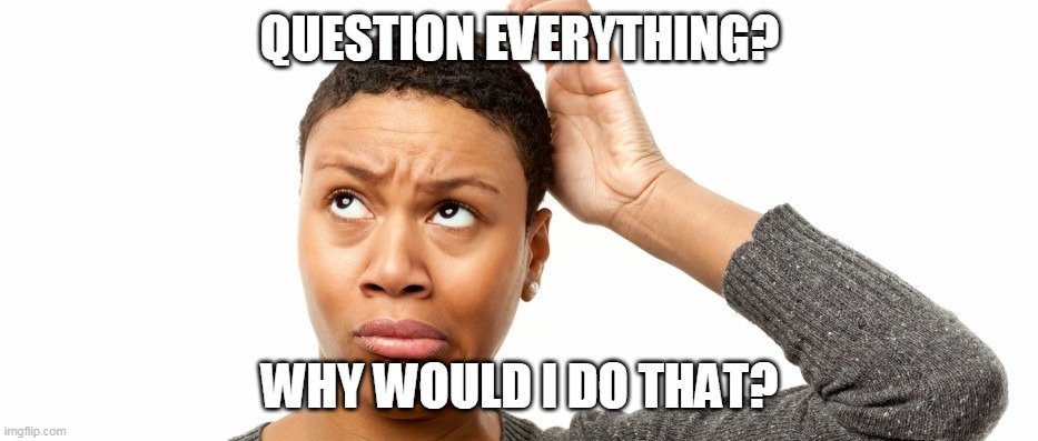 confusion | QUESTION EVERYTHING? WHY WOULD I DO THAT? | image tagged in confusion | made w/ Imgflip meme maker