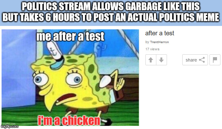 Politics Mods are idiots | POLITICS STREAM ALLOWS GARBAGE LIKE THIS BUT TAKES 6 HOURS TO POST AN ACTUAL POLITICS MEME | image tagged in political memes | made w/ Imgflip meme maker