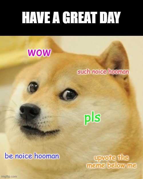 pls give them upvotes | HAVE A GREAT DAY; wow; such noice hooman; pls; be noice hooman; upvote the meme below me | image tagged in memes,doge | made w/ Imgflip meme maker