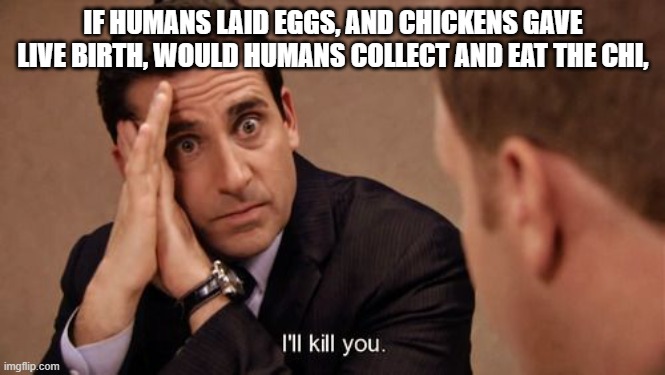don't finish that sentence | IF HUMANS LAID EGGS, AND CHICKENS GAVE LIVE BIRTH, WOULD HUMANS COLLECT AND EAT THE CHI, | image tagged in ill kill you | made w/ Imgflip meme maker