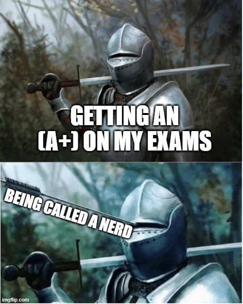 A+ | GETTING AN (A+) ON MY EXAMS; BEING CALLED A NERD | image tagged in knight with arrow in helmet | made w/ Imgflip meme maker