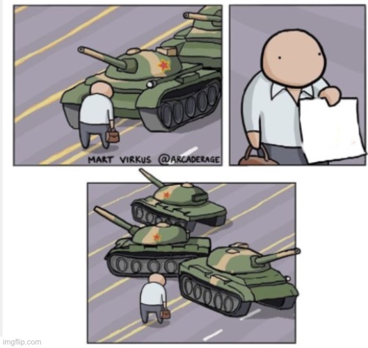 Guy holding paper to tanks | image tagged in guy holding paper to tanks | made w/ Imgflip meme maker