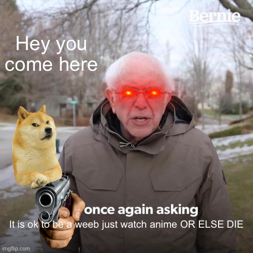Bernie I Am Once Again Asking For Your Support Meme | Hey you come here; It is ok to be a weeb just watch anime OR ELSE DIE | image tagged in memes,bernie i am once again asking for your support | made w/ Imgflip meme maker