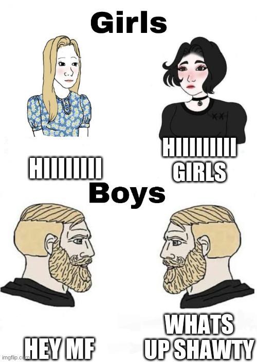 GVF | HIIIIIIII; HIIIIIIIII GIRLS; WHATS UP SHAWTY; HEY MF | image tagged in girls vs boys | made w/ Imgflip meme maker