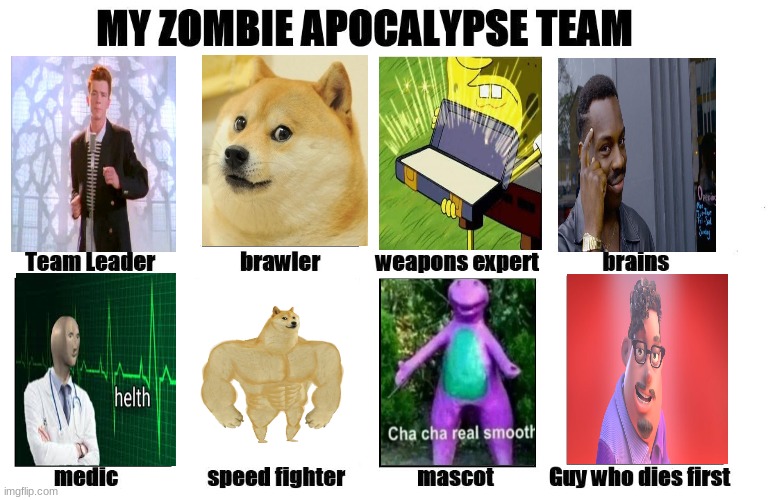 lol | image tagged in my zombie apocalypse team,memes,lol,lel,barney will eat all of your delectable biscuits,stop reading the tags | made w/ Imgflip meme maker