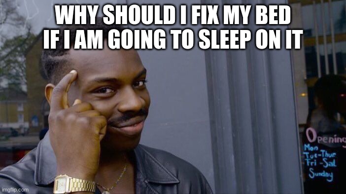 true fact | WHY SHOULD I FIX MY BED IF I AM GOING TO SLEEP ON IT | image tagged in memes,roll safe think about it | made w/ Imgflip meme maker