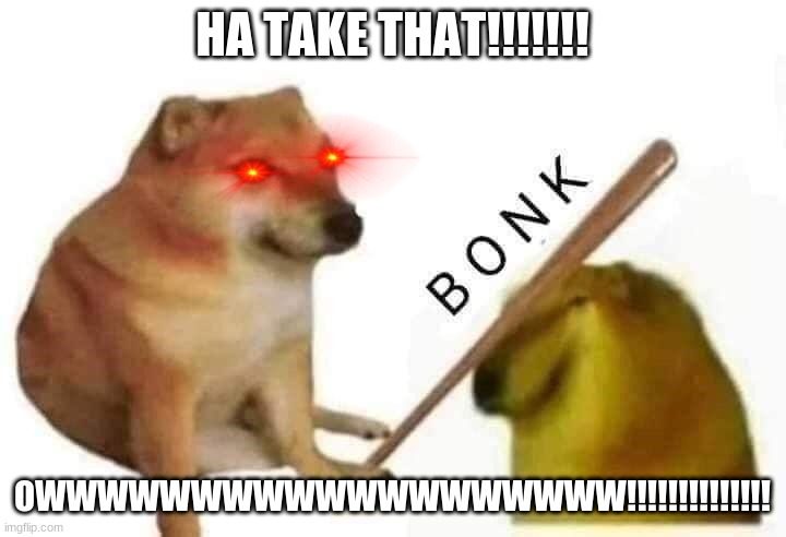 Doge bonk | HA TAKE THAT!!!!!!! OWWWWWWWWWWWWWWWWWWW!!!!!!!!!!!!!! | image tagged in doge bonk | made w/ Imgflip meme maker