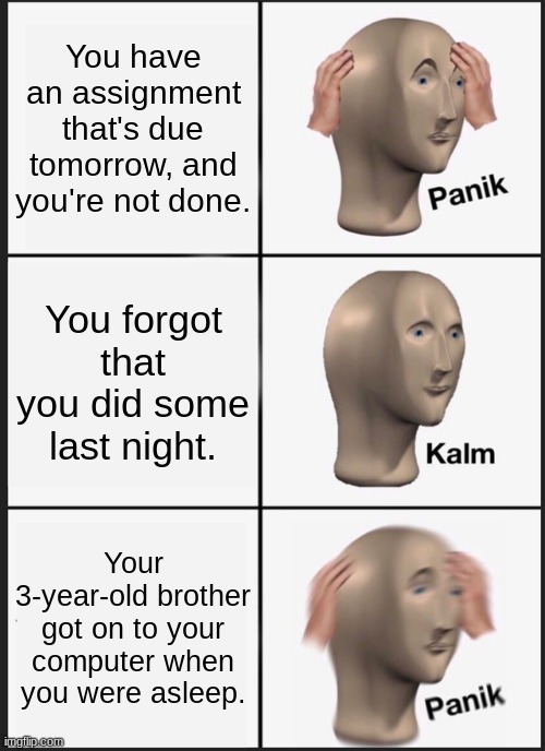 homework problems | You have an assignment that's due tomorrow, and you're not done. You forgot that you did some last night. Your 3-year-old brother got on to your computer when you were asleep. | image tagged in memes,panik kalm panik | made w/ Imgflip meme maker