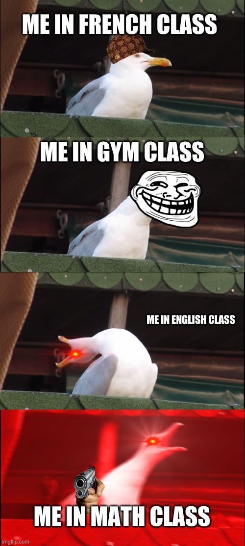 Inhaling Seagull | ME IN FRENCH CLASS; ME IN GYM CLASS; ME IN ENGLISH CLASS; ME IN MATH CLASS | image tagged in memes,inhaling seagull | made w/ Imgflip meme maker