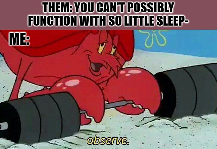 *proceeds to drink 5 energy drinks throughout the day* | THEM: YOU CAN'T POSSIBLY FUNCTION WITH SO LITTLE SLEEP-; ME: | image tagged in observe | made w/ Imgflip meme maker