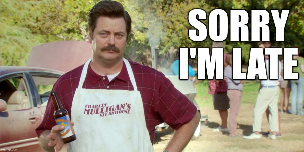 ron swanson barbecue | SORRY I'M LATE | image tagged in ron swanson barbecue | made w/ Imgflip meme maker