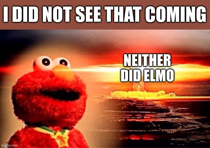 elmo nuclear explosion | I DID NOT SEE THAT COMING NEITHER DID ELMO | image tagged in elmo nuclear explosion | made w/ Imgflip meme maker