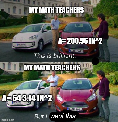 Surface area of sphere | MY MATH TEACHERS; A= 200.96 IN^2; MY MATH TEACHERS; A= 64 3.14 IN^2; want this | image tagged in this is brilliant but i like this | made w/ Imgflip meme maker