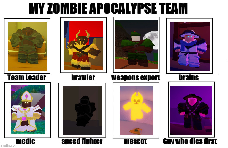 Zombie Apocalypse Team except Roblox Vesteria subclasses, Tal-Rey is the mascot but isn't a subclass, didn't include Paladin or  | image tagged in my zombie apocalypse team,roblox | made w/ Imgflip meme maker