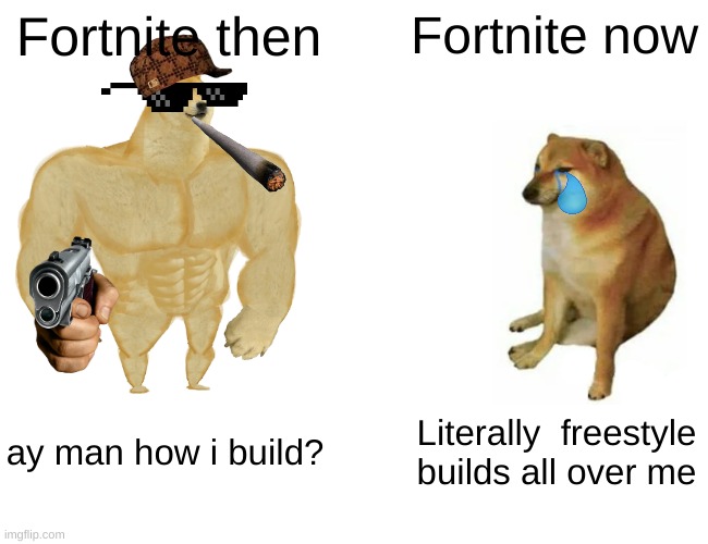 Buff Doge vs. Cheems | Fortnite then; Fortnite now; ay man how i build? Literally  freestyle builds all over me | image tagged in memes,buff doge vs cheems | made w/ Imgflip meme maker