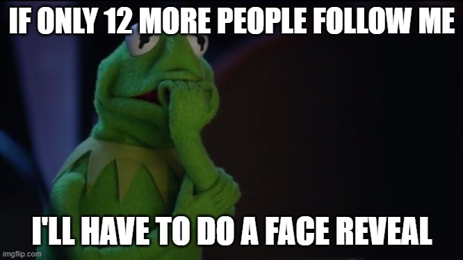 oh sh*t | IF ONLY 12 MORE PEOPLE FOLLOW ME; I'LL HAVE TO DO A FACE REVEAL | image tagged in kermit worried face | made w/ Imgflip meme maker