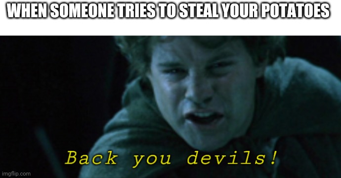 Very true | WHEN SOMEONE TRIES TO STEAL YOUR POTATOES | image tagged in back you devils,lord of the rings lotr elevenses | made w/ Imgflip meme maker