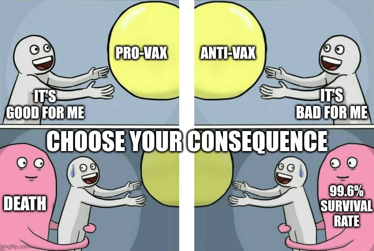 I am not a guinea pig | PRO-VAX; ANTI-VAX; IT'S BAD FOR ME; IT'S GOOD FOR ME; CHOOSE YOUR CONSEQUENCE; 99.6% SURVIVAL RATE; DEATH | image tagged in memes,running away balloon,vaccine,covid-19 | made w/ Imgflip meme maker