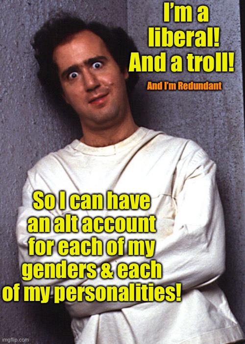 Crazy People | I’m a liberal!  And a troll! So I can have an alt account for each of my genders & each of my personalities! And I’m Redundant | image tagged in crazy people | made w/ Imgflip meme maker