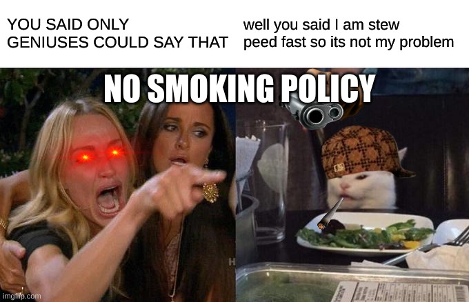 Woman Yelling At Cat Meme | YOU SAID ONLY GENIUSES COULD SAY THAT; well you said I am stew peed fast so its not my problem; NO SMOKING POLICY | image tagged in memes,woman yelling at cat | made w/ Imgflip meme maker