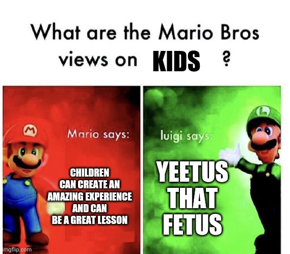 Mario Bros Views | KIDS; CHILDREN CAN CREATE AN AMAZING EXPERIENCE AND CAN BE A GREAT LESSON; YEETUS THAT FETUS | image tagged in mario bros views | made w/ Imgflip meme maker