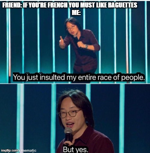 You just insulted my entire race of people | FRIEND: IF YOU'RE FRENCH YOU MUST LIKE BAGUETTES         
  ME: | image tagged in you just insulted my entire race of people | made w/ Imgflip meme maker