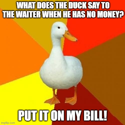 Tech Impaired Duck | WHAT DOES THE DUCK SAY TO THE WAITER WHEN HE HAS NO MONEY? PUT IT ON MY BILL! | image tagged in memes,tech impaired duck | made w/ Imgflip meme maker