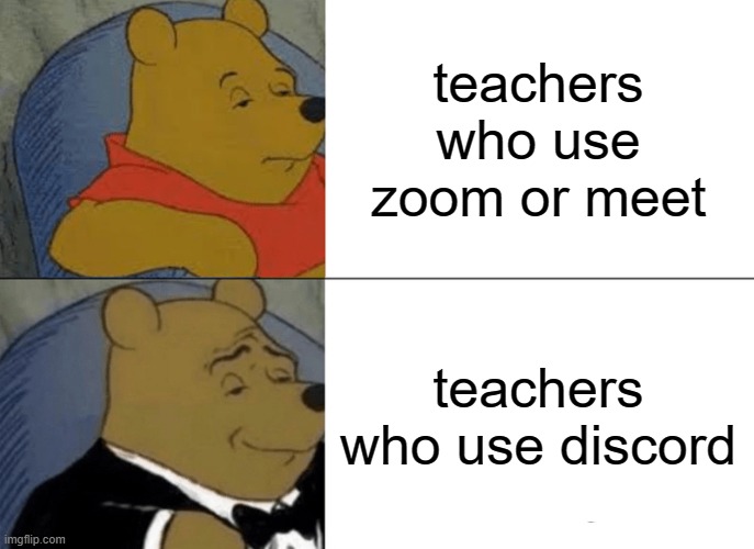 Tuxedo Winnie The Pooh Meme | teachers who use zoom or meet; teachers who use discord | image tagged in memes,tuxedo winnie the pooh | made w/ Imgflip meme maker