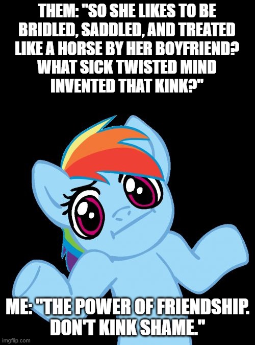 Pony Shrugs | THEM: "SO SHE LIKES TO BE
BRIDLED, SADDLED, AND TREATED
LIKE A HORSE BY HER BOYFRIEND?
WHAT SICK TWISTED MIND
INVENTED THAT KINK?"; ME: "THE POWER OF FRIENDSHIP.
DON'T KINK SHAME." | image tagged in memes,pony shrugs | made w/ Imgflip meme maker